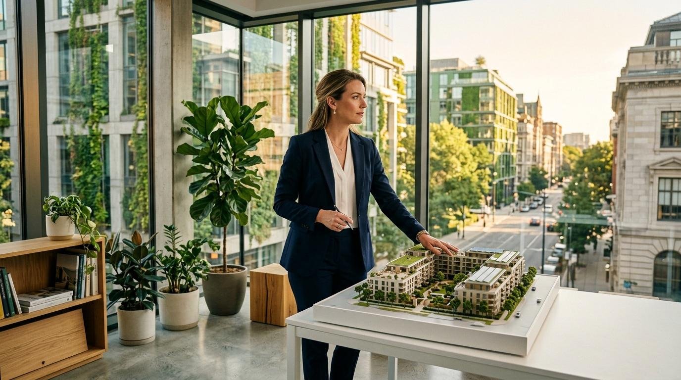 Femme en blazer bleu observant maquette architecturale en bureau