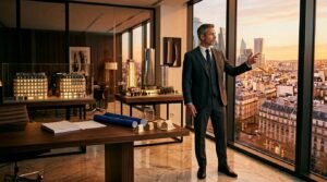 Homme en costume présente maquettes architecturales avec vue panoramique
