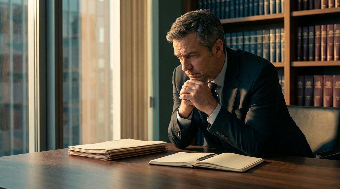 Homme en costume consulte documents dans bureau juridique