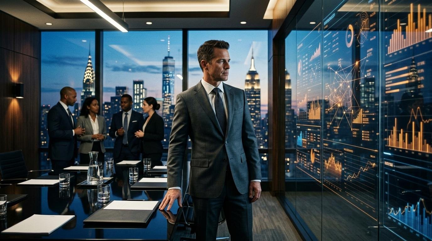 Homme d'affaires en costume dans bureau avec graphiques financiers