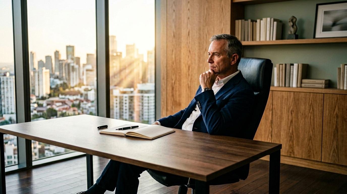 Homme d'affaires pensif assis à son bureau en hauteur
