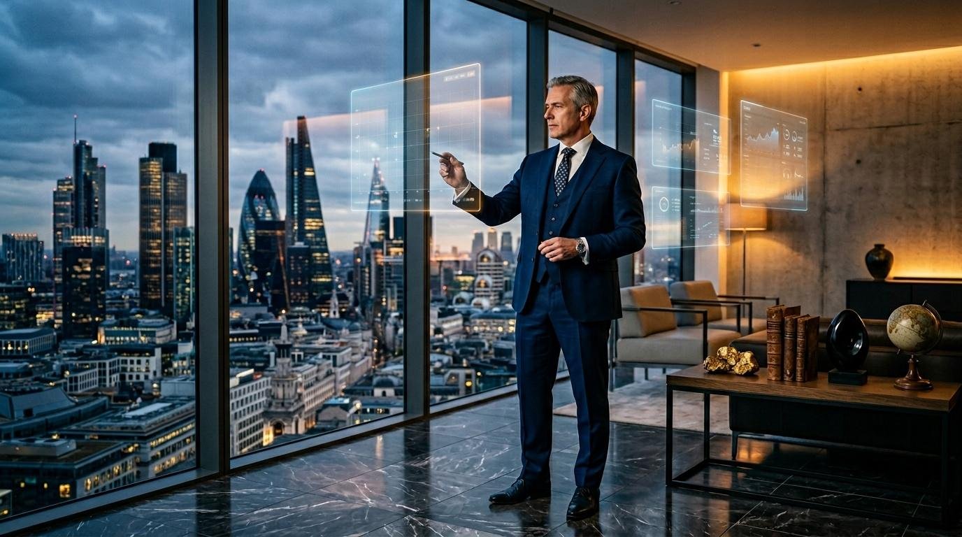 Homme en costume bleu analysant graphiques holographiques devant skyline urbain