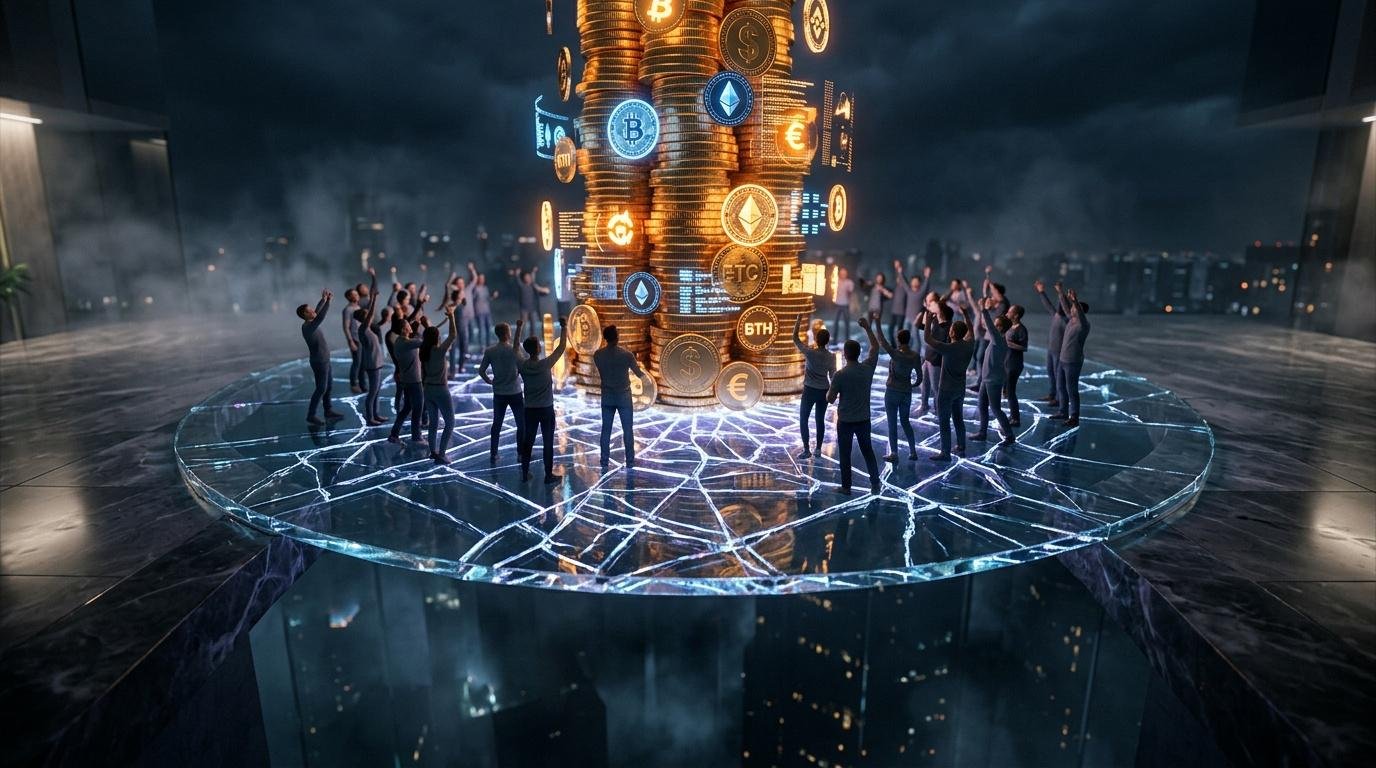 Groupe de personnes autour d'une tour de pièces numériques brillantes