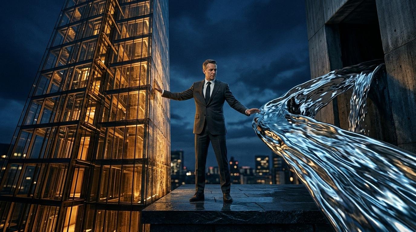 Homme d'affaires maîtrisant un flux d'eau entre bâtiments