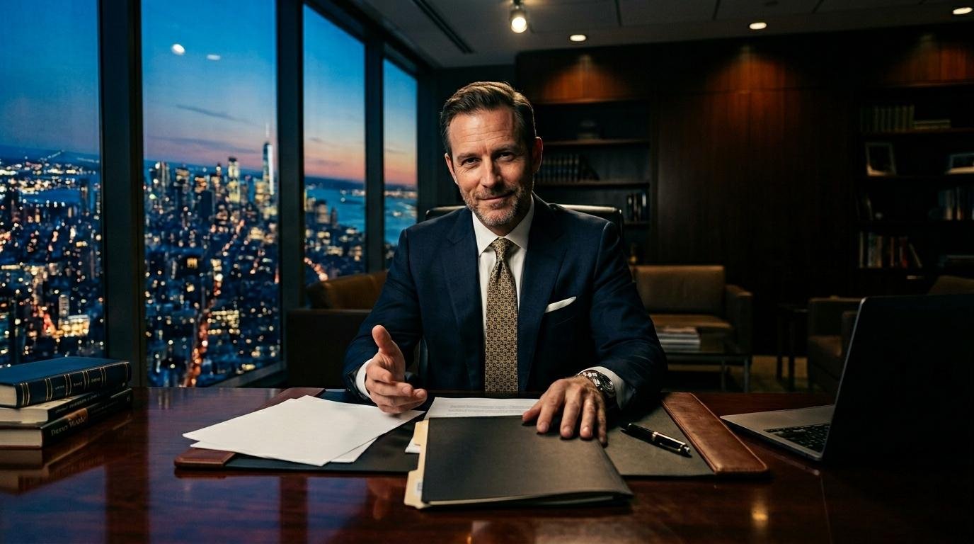 Homme d'affaires en costume à son bureau, vue nocturne urbaine