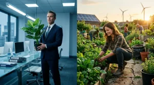 Homme en costume avec plante de bureau et femme jardinant écologiquement
