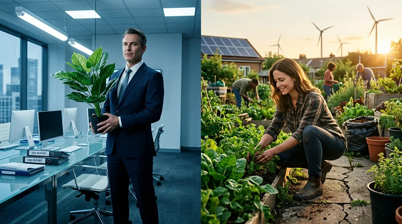 Homme en costume avec plante de bureau et femme jardinant écologiquement