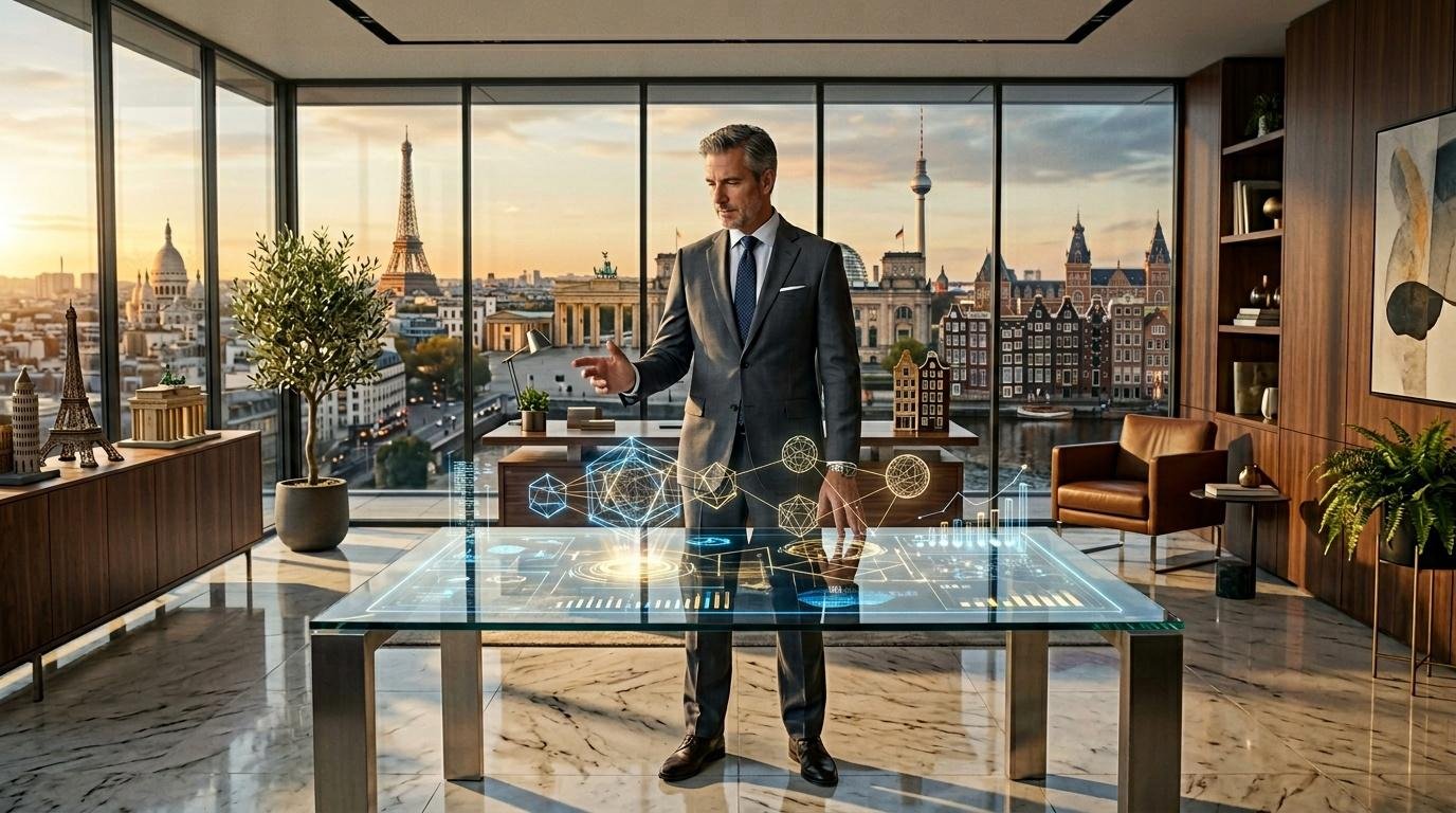 Homme d'affaires avec interface holographique devant panorama urbain