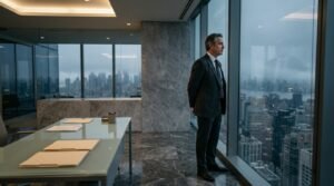 Homme en costume noir observe la skyline urbaine depuis un gratte-ciel