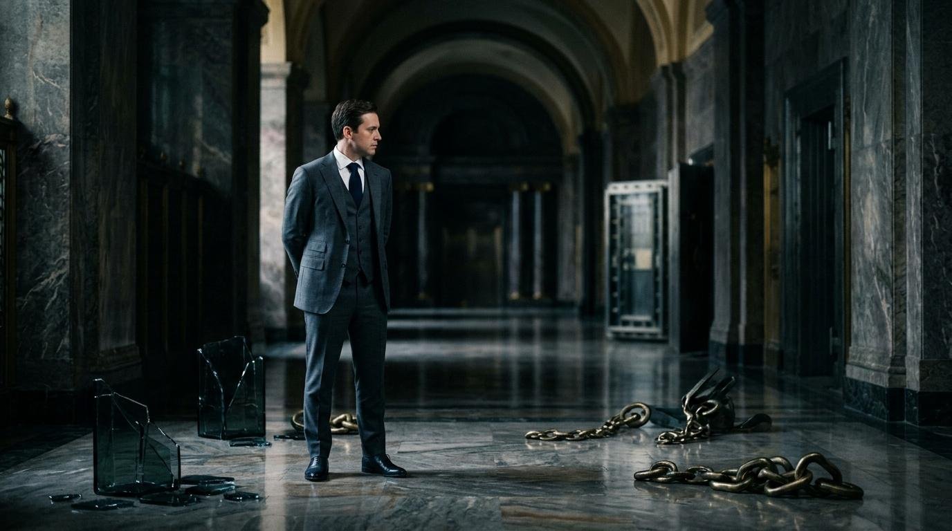 Homme en costume bleu dans un long couloir avec chaînes au sol