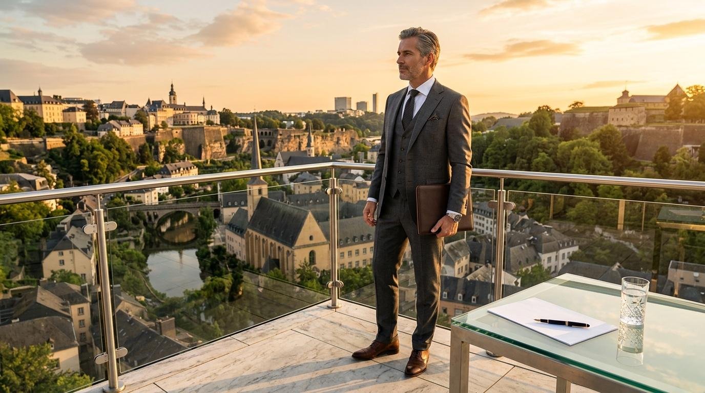 Businessman in suit overlooking Luxembourg cityscape from modern terrace