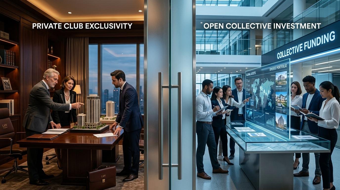 Deux espaces d'investissement: club privé exclusif et financement collectif ouvert.