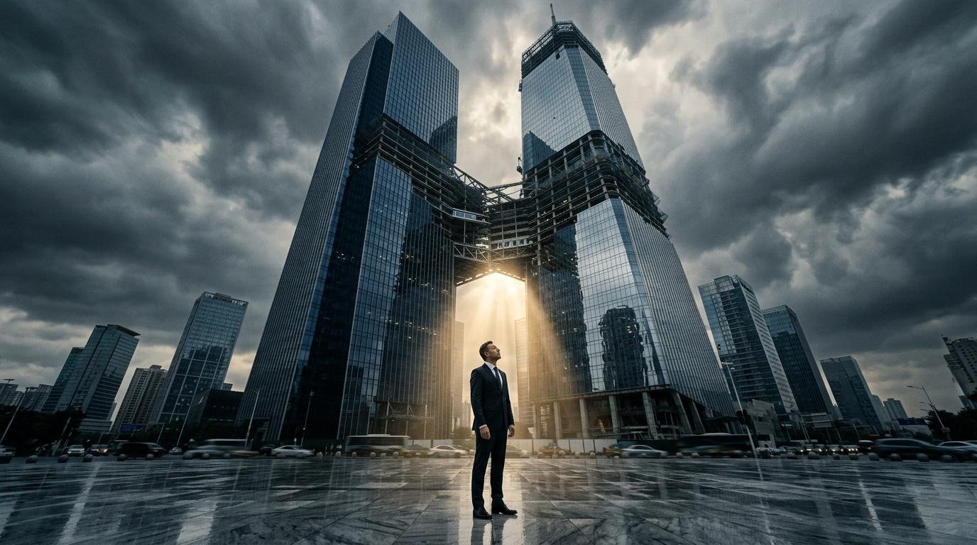 Homme en costume seul sous deux gratte-ciel imposants
