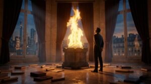 Homme contemplant flamme sacrée dans hall architectural majestueux