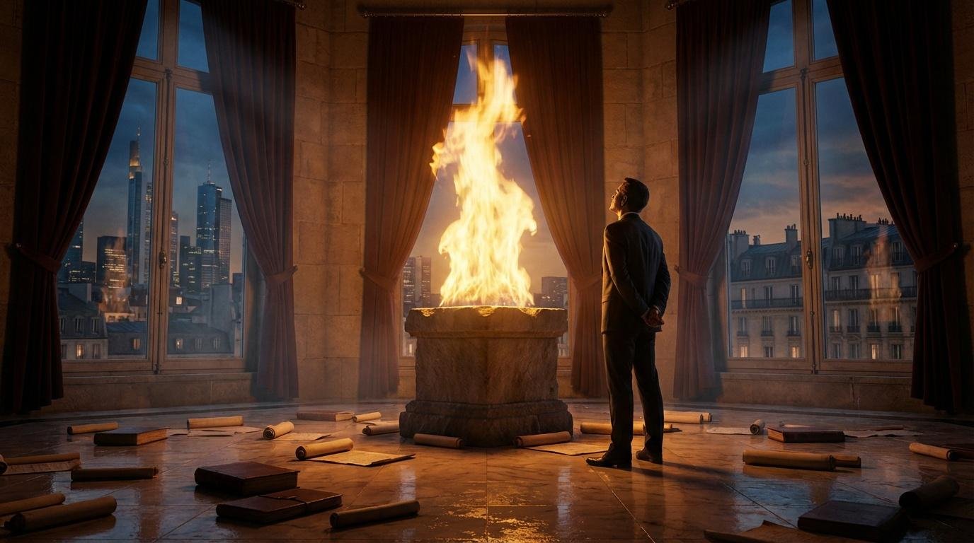 Homme contemplant flamme sacrée dans hall architectural majestueux