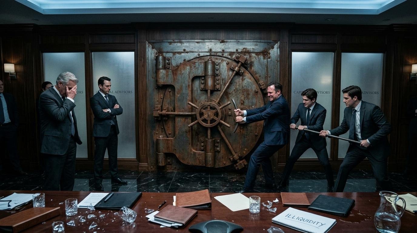 Hommes d'affaires ouvrant ensemble une grande porte de coffre-fort rouillée