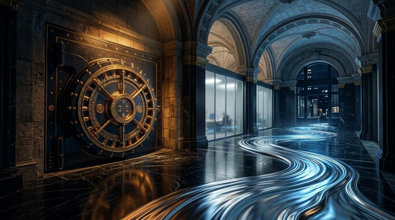 Couloir architectural avec porte dorée et sol bleu luminescent