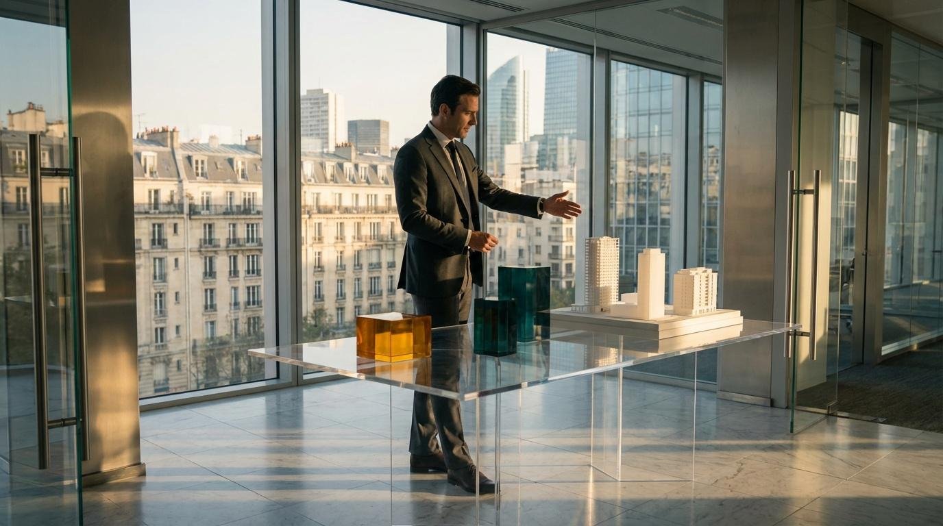 Homme en costume présentant maquettes architecturales face à panorama urbain