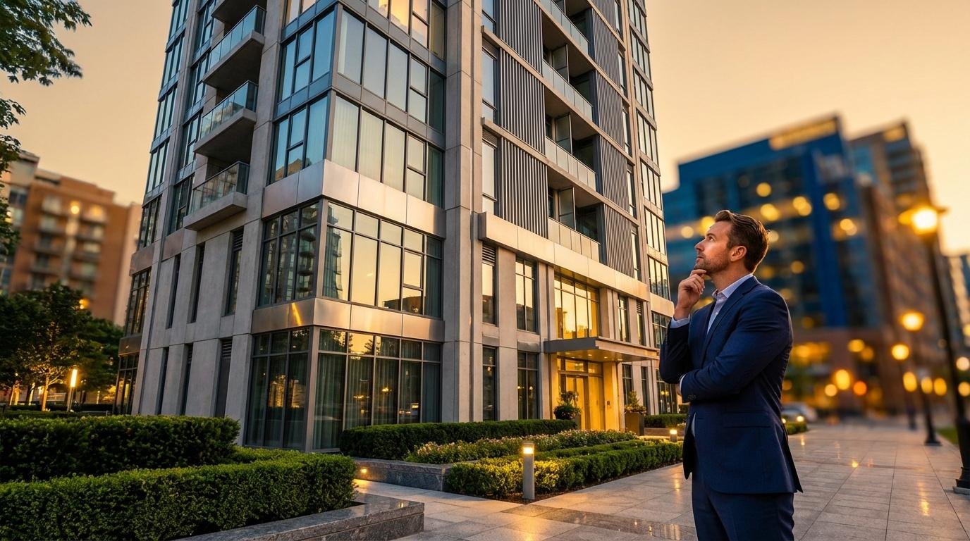 Homme en costume bleu contemplant gratte-ciel contemporain au crépuscule