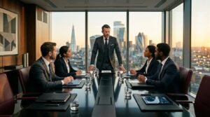 Cinq professionnels en costume discutent autour d'une table de réunion