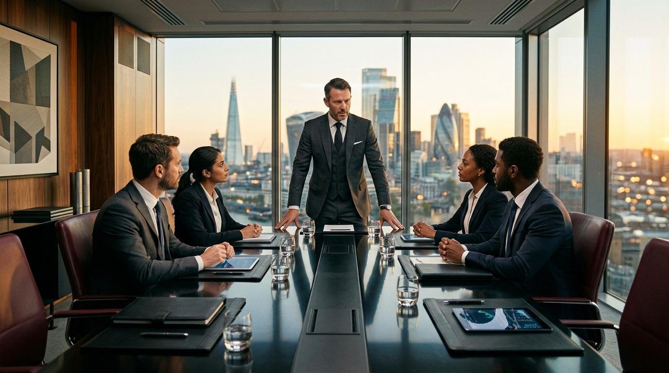 Cinq professionnels en costume discutent autour d'une table de réunion