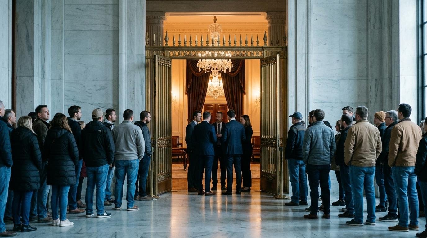 Groupe de visiteurs attendant devant les portes dorées d'un palais officiel