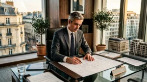 Homme d'affaires consultant des blueprints architecturaux en bureau moderne