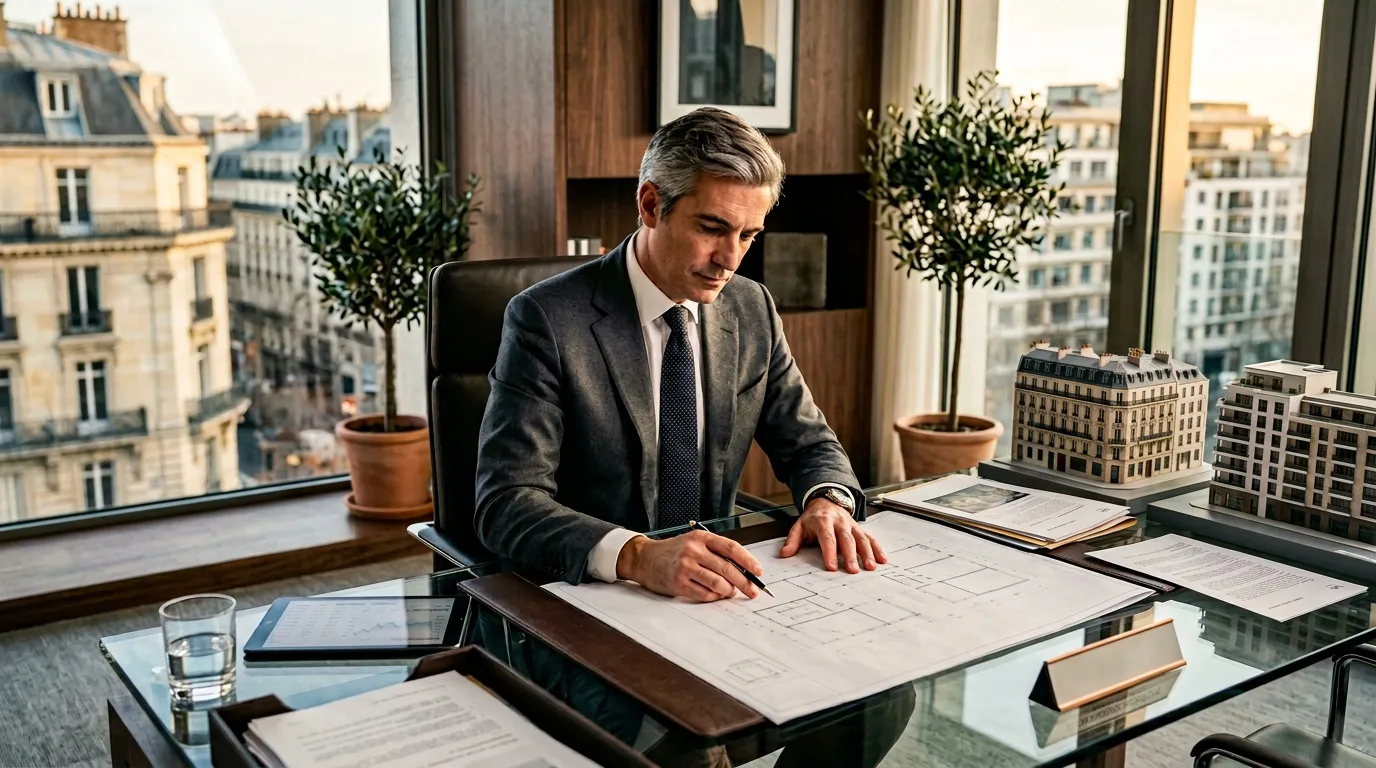 Homme d'affaires consultant des blueprints architecturaux en bureau moderne