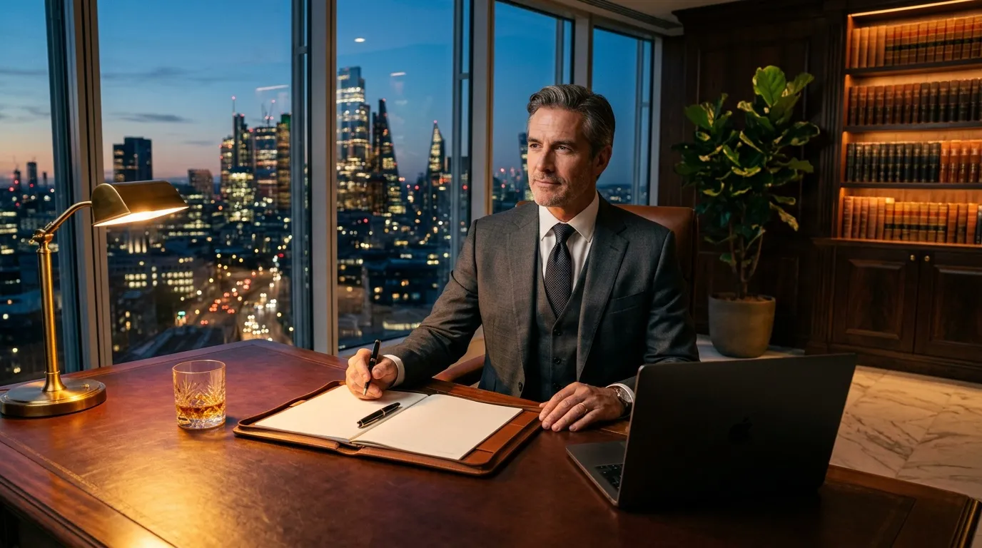 Homme d'affaires travaillant dans un bureau panoramique avec vue sur la ville illuminée.