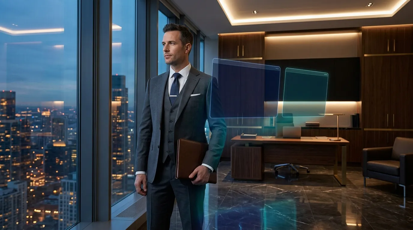 Homme d'affaires en costume devant écrans numériques, vue cityscape