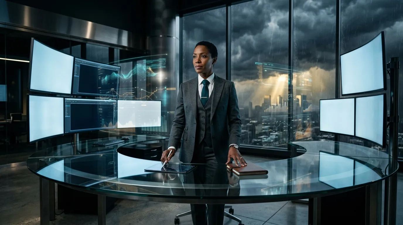 Femme d'affaires professionnelle devant écrans numériques et vue urbaine