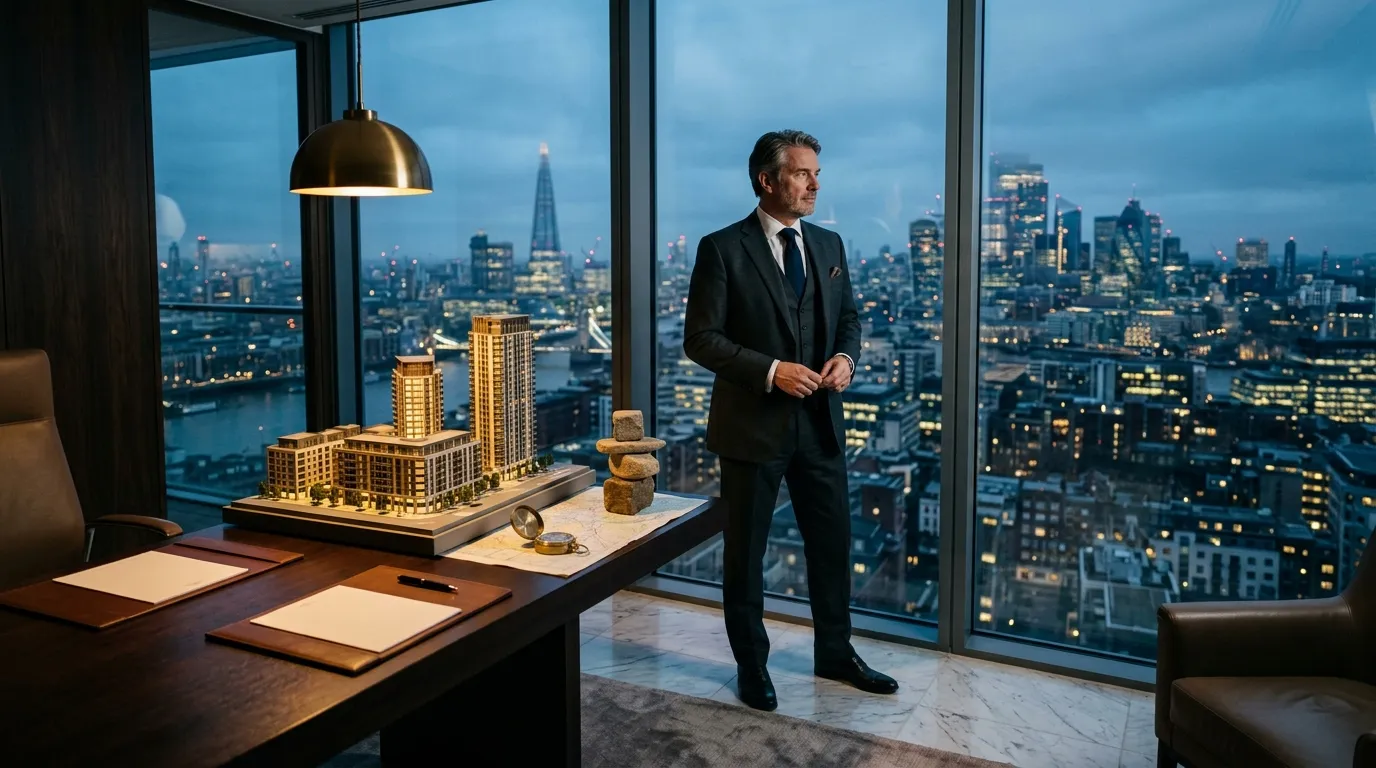 Homme d'affaires en costume dans bureau haut étage avec vue urbaine