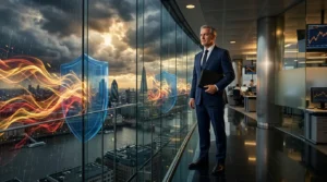 Homme d'affaires en costume observant graphiques financiers dynamiques