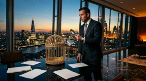 Homme d'affaires en costume observant une cage dorée avec loupe