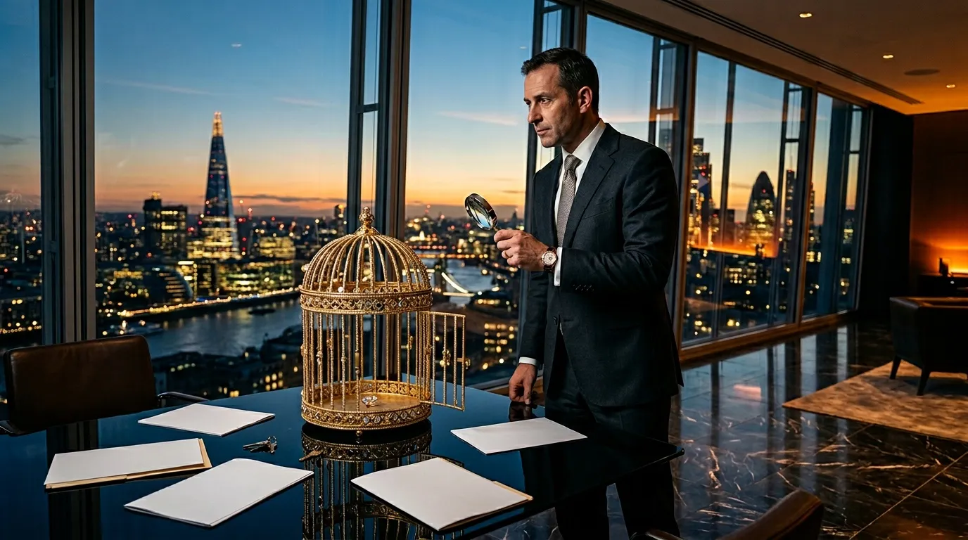 Homme d'affaires en costume observant une cage dorée avec loupe