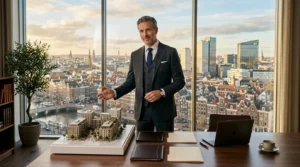 Homme en costume présentant maquette architecturale en bureau panoramique