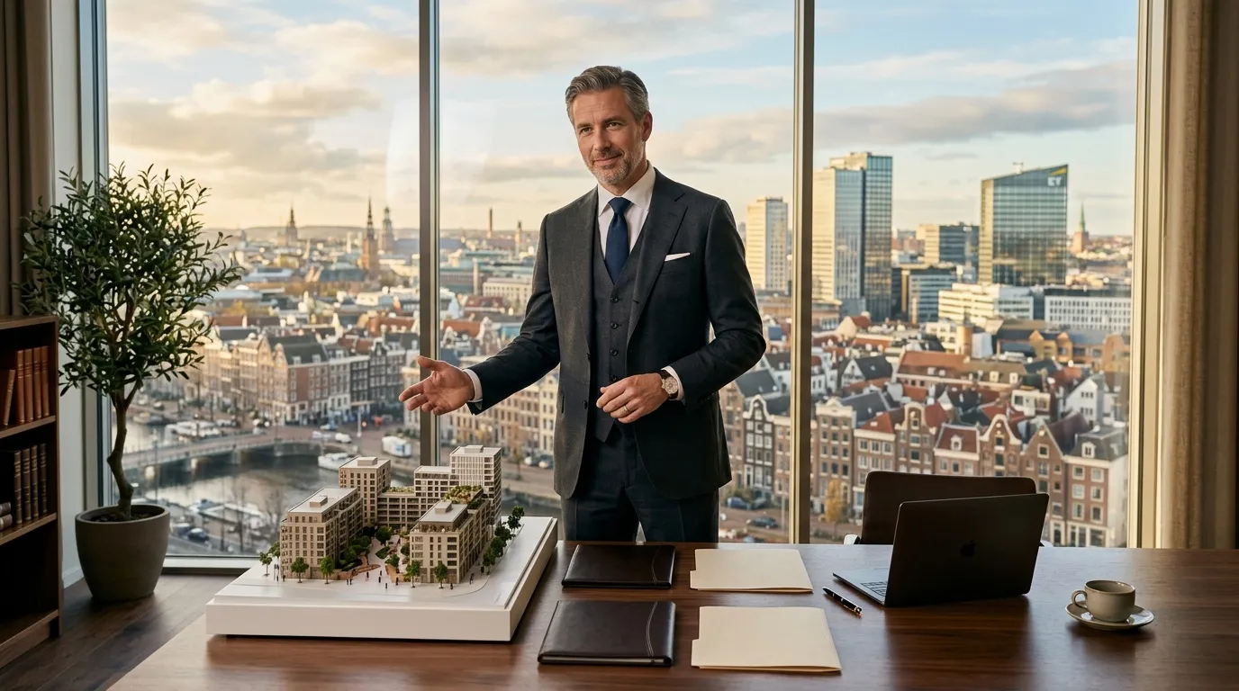 Homme en costume présentant maquette architecturale en bureau panoramique
