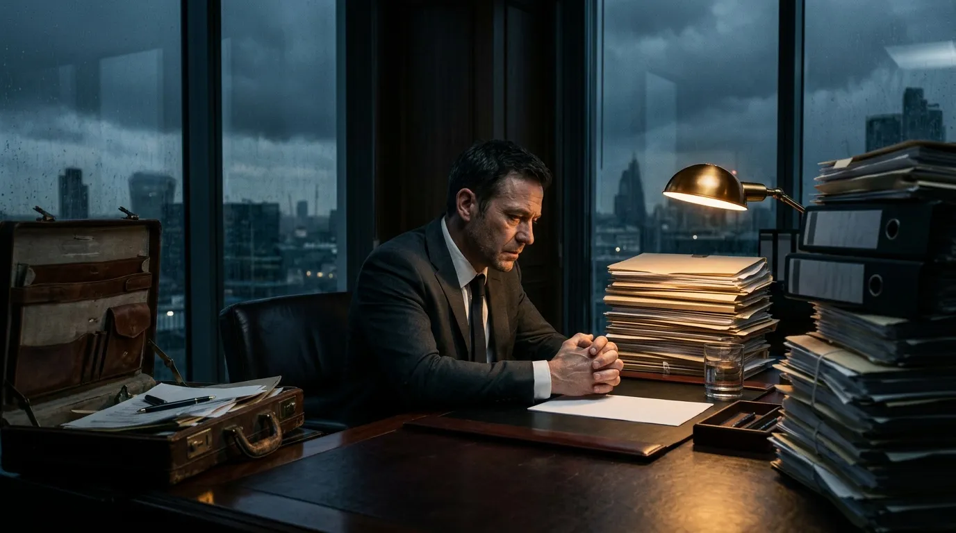 Homme d'affaires concentré à son bureau avec vue urbaine