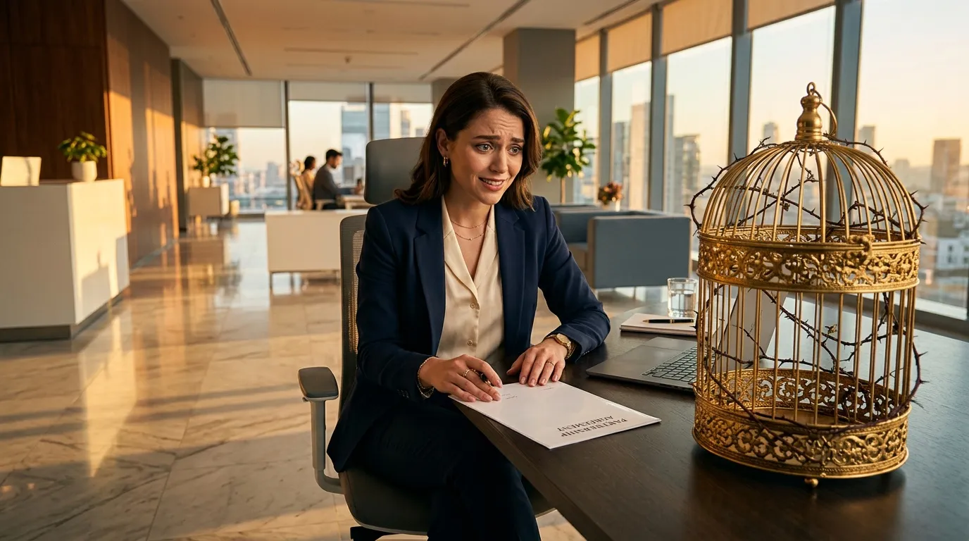 Femme en costume bleu travaillant dans un bureau haut étage avec vue urbaine