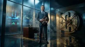 Homme en costume tenant un coffre-fort dans bureau moderne