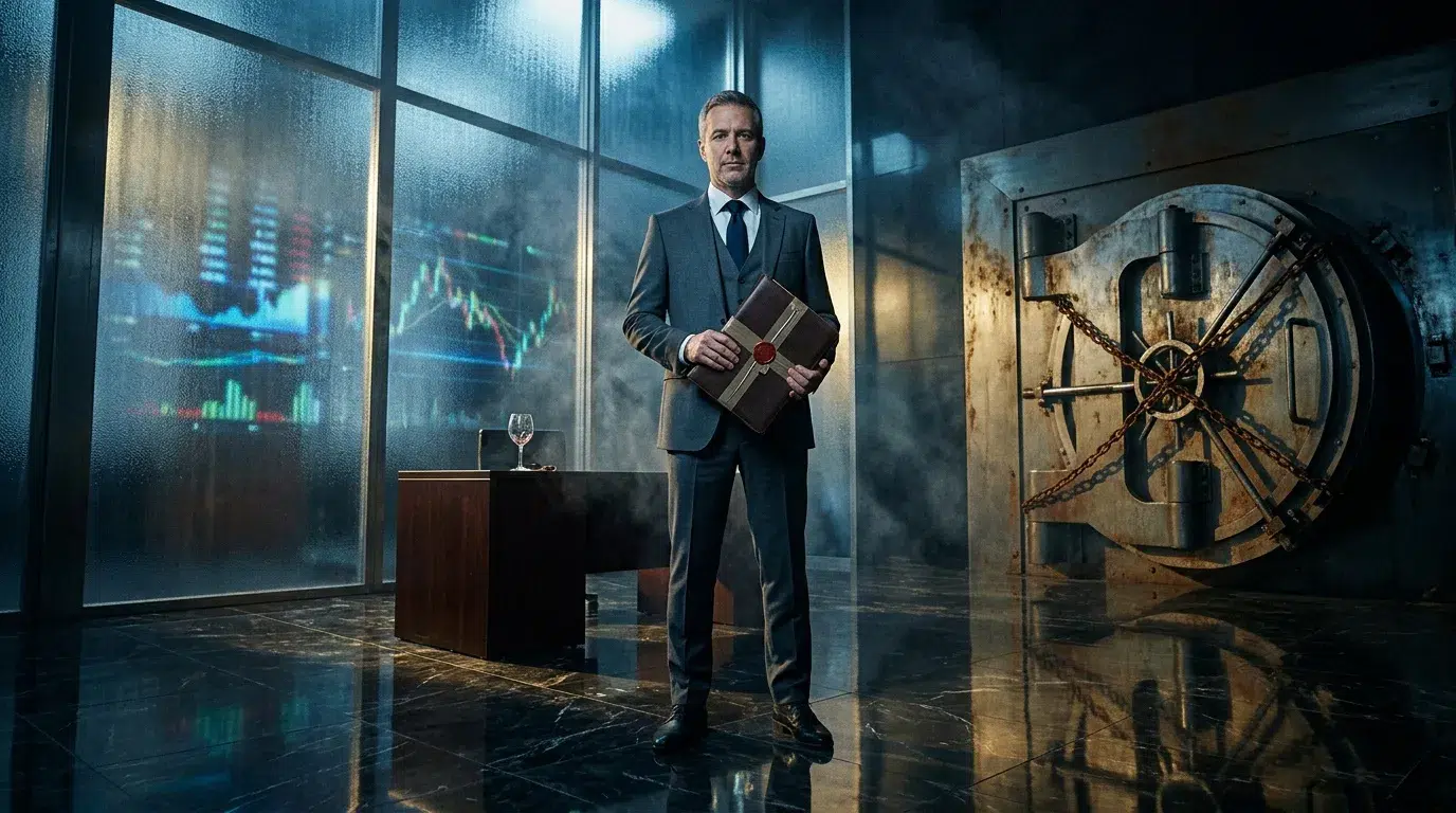 Homme en costume tenant un coffre-fort dans bureau moderne