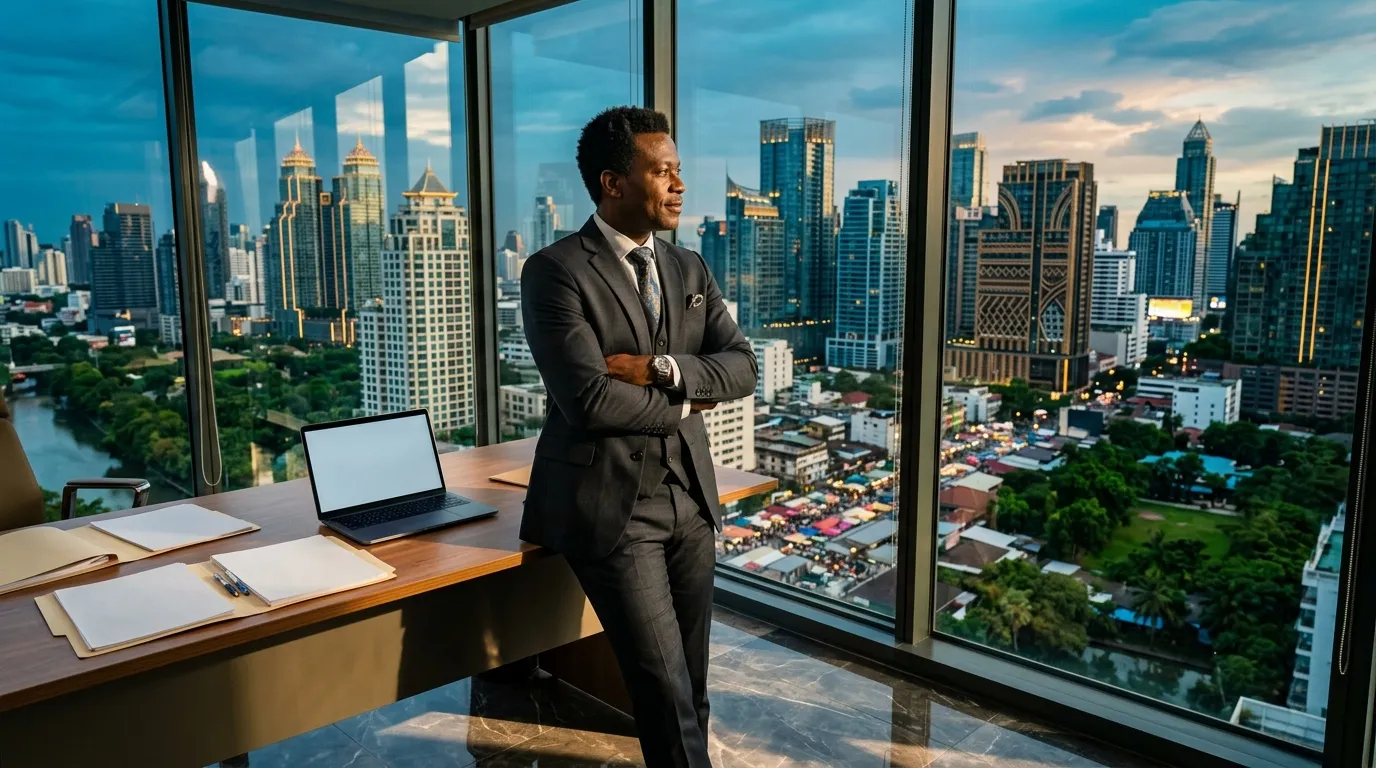 Homme en costume noir dans bureau moderne avec vue panoramique urbaine
