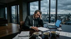 Homme en costume pensif à son bureau surplombant Paris