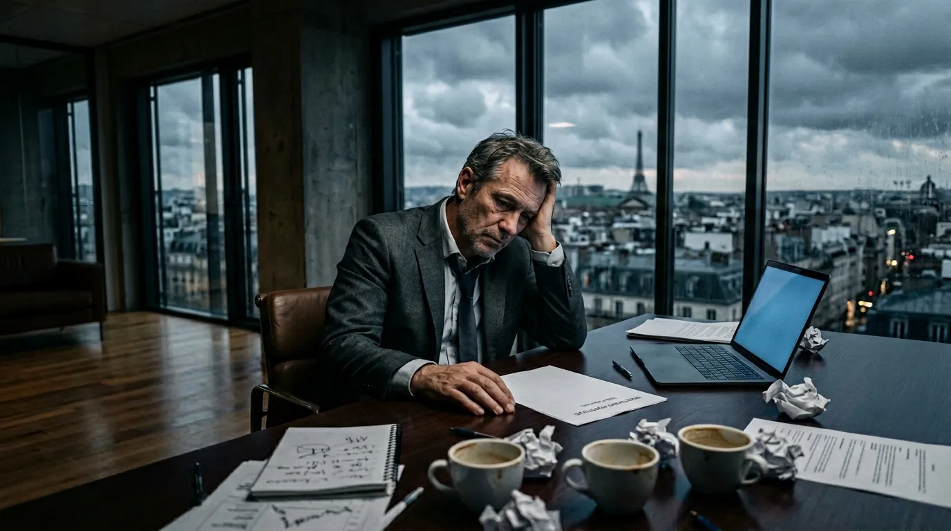 Homme en costume pensif à son bureau surplombant Paris