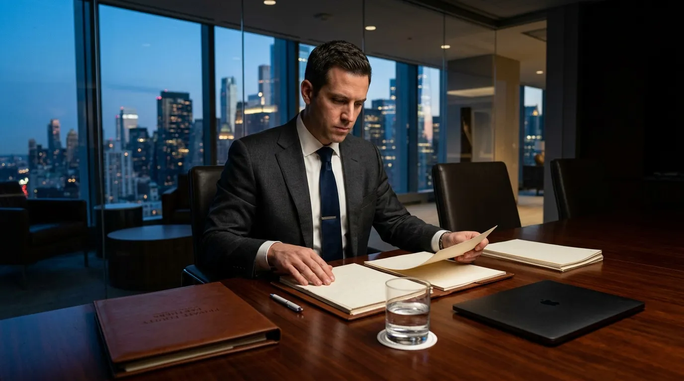 Professionnel en costume lisant des documents au bureau