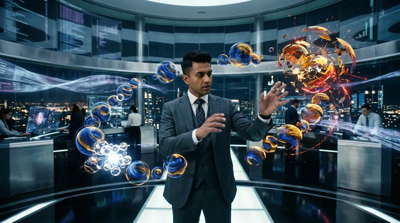 Homme d'affaires manipulant des sphères holographiques brillantes
