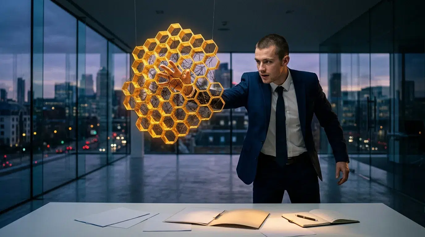 Homme d'affaires présentant structure hexagonale dorée lumineuse