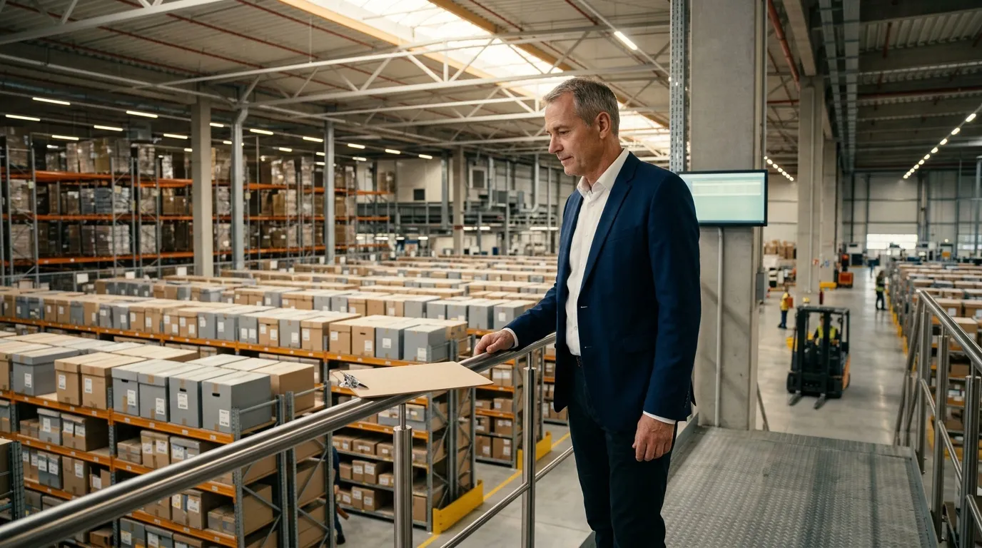Directeur inspectant un entrepôt de stockage avec marchandises