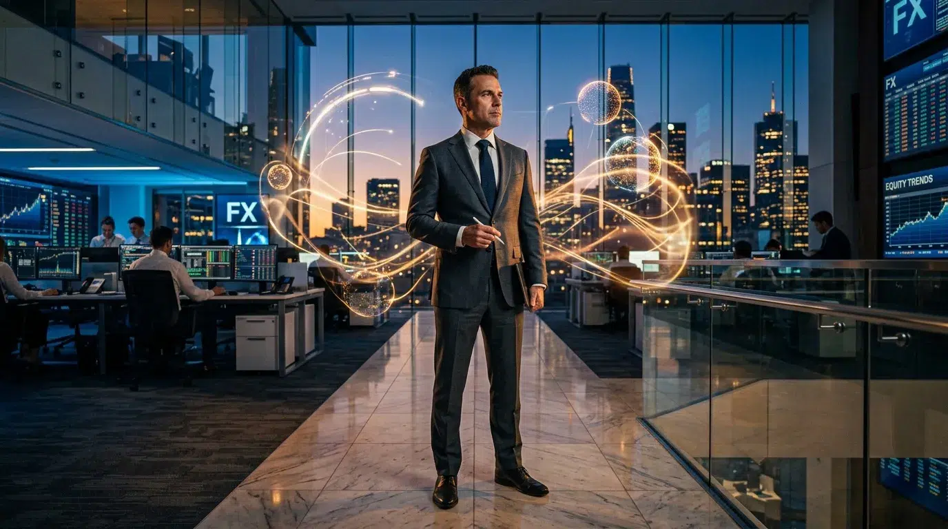 Homme d'affaires en costume dans bureau financier high-tech