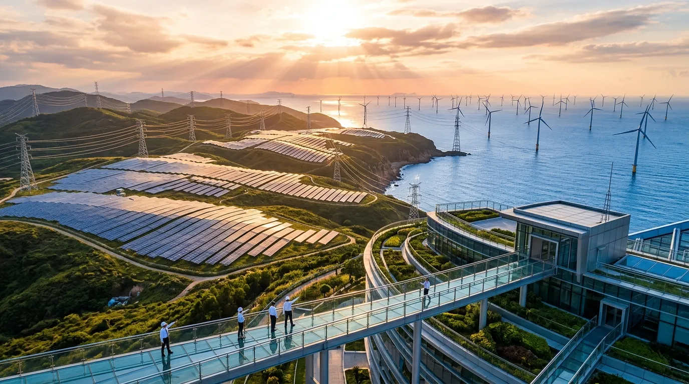Panneaux solaires, éoliennes offshore et infrastructure moderne au coucher soleil.